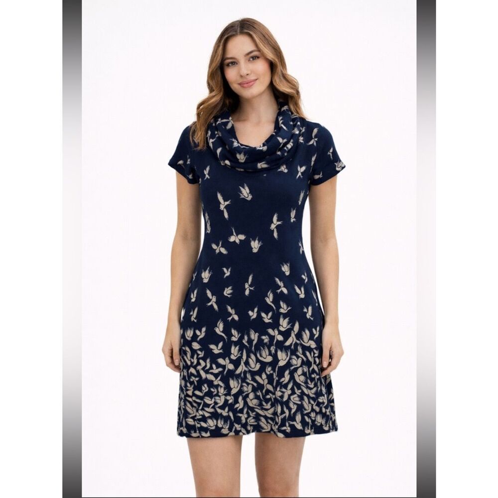 LA Soul Chic Navy Floral Cowl Neck Dress with Bird Print